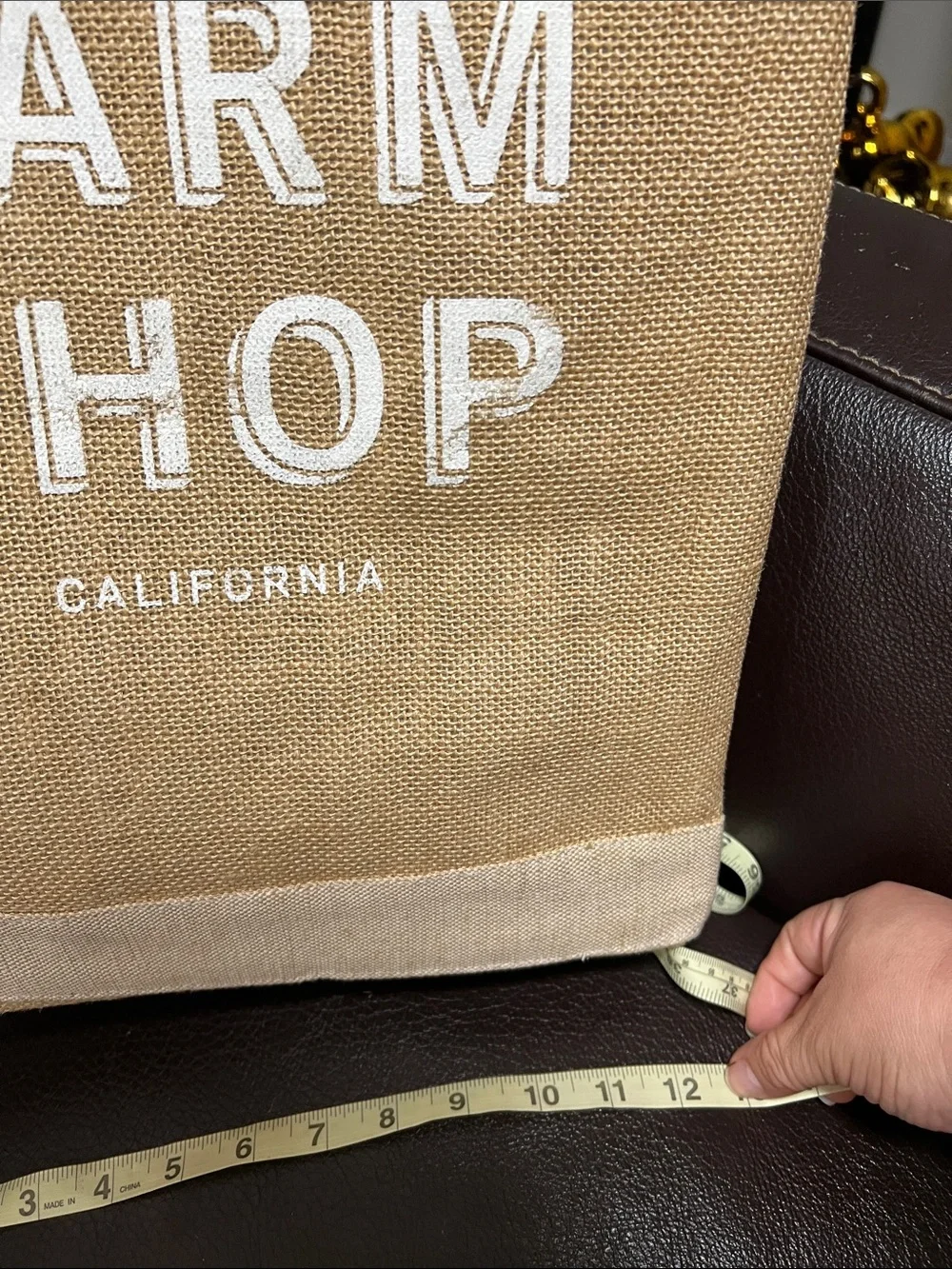 Farm Shop California Jute Tote Bag with Leather Handles - Tan